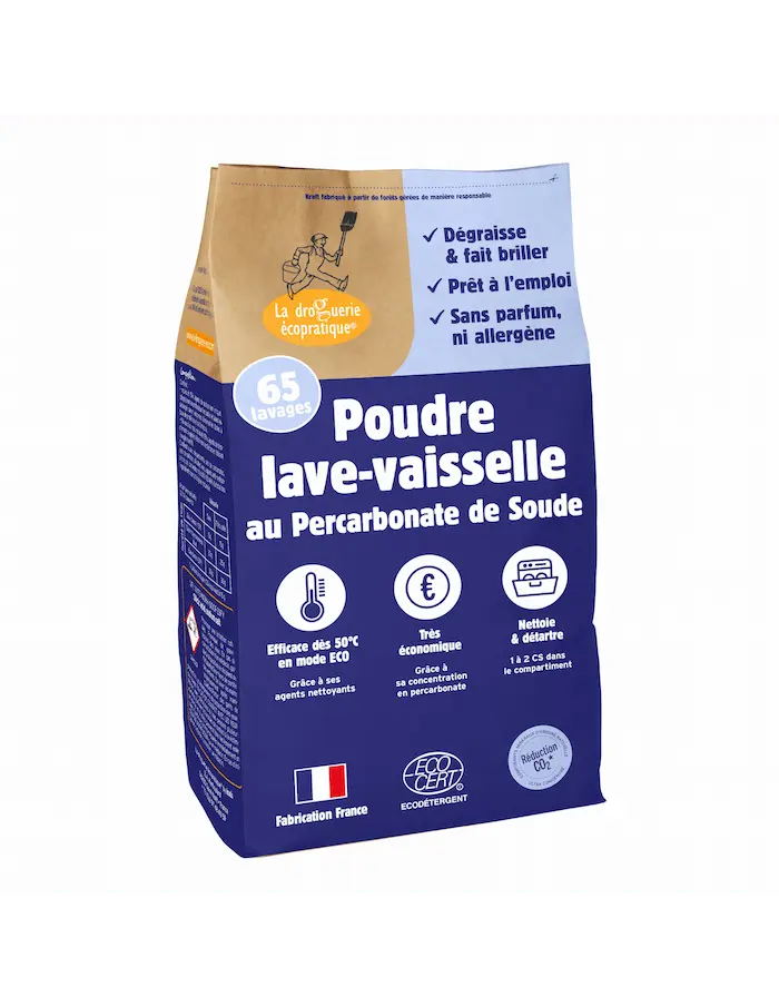 1 kg de detergente para lavavajillas con percarbonato en bolsa de papel kraft.