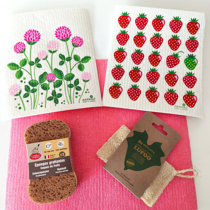 Kit de estropajos naturales y paños suecos de Siltupp: paños Trébol y Fresas, estropajo de lufa, dos estropajos de cáscara de nuez y paño sueco grande rosa de regalo