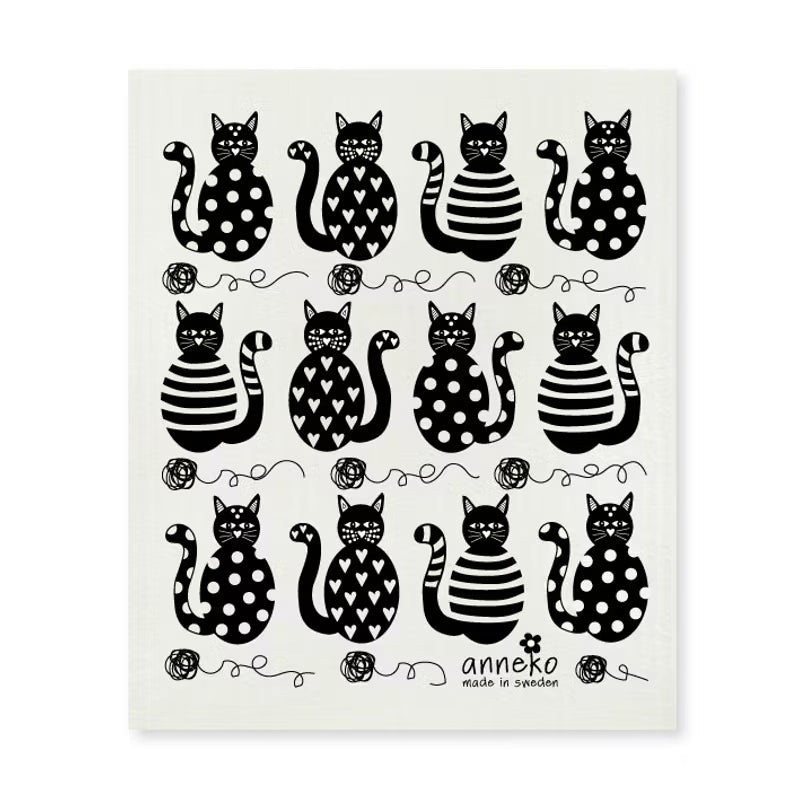 Paño sueco reutilizable con estampado de gatitos en blanco y negro, absorbente y ecológico