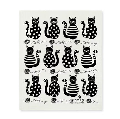 Paño sueco reutilizable con estampado de gatitos en blanco y negro, absorbente y ecológico