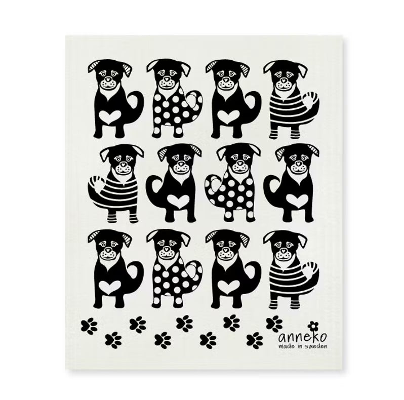 Paño sueco reutilizable con estampado de perritos en blanco y negro, absorbente y ecológico