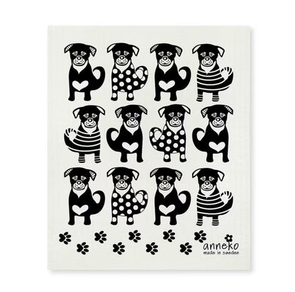 Paño sueco reutilizable con estampado de perritos en blanco y negro, absorbente y ecológico