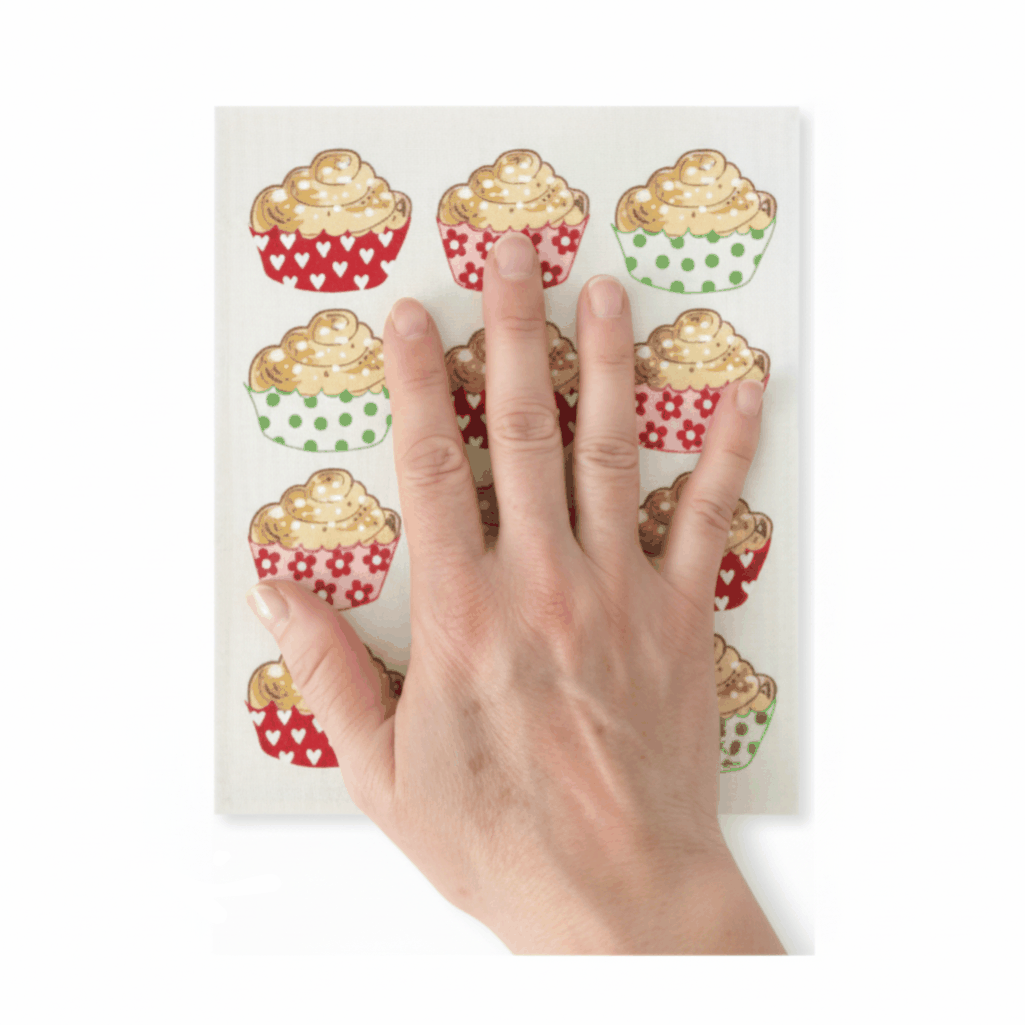 paño sueco y sobre el paño una mano