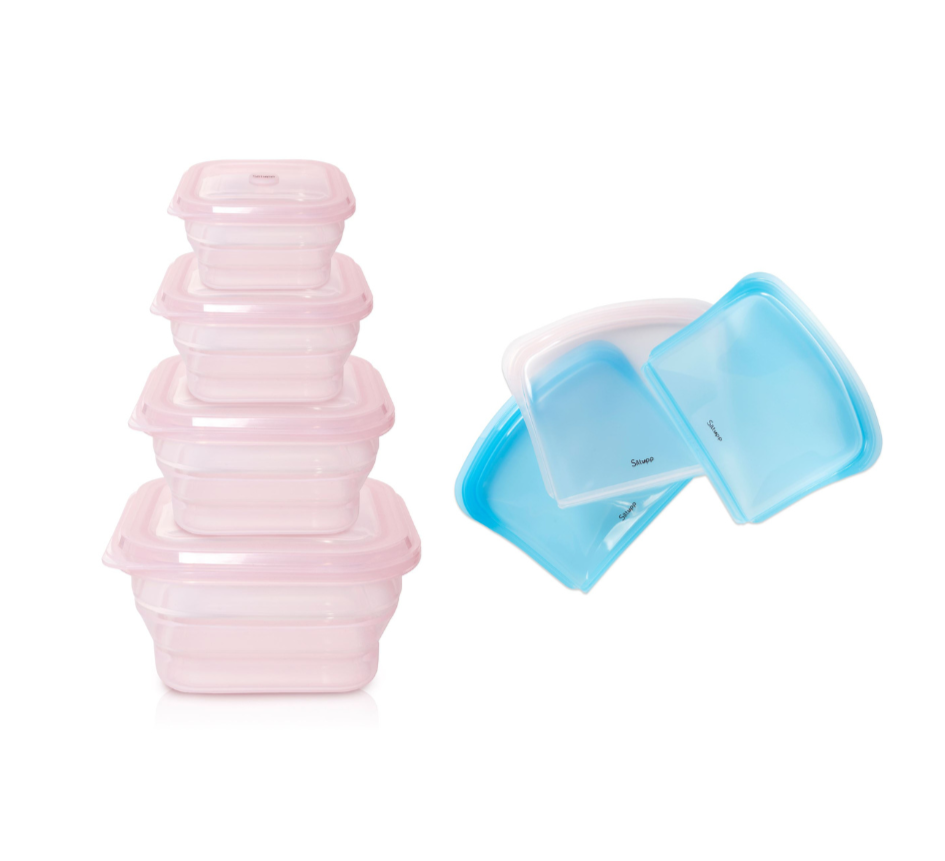 Set de recipientes y bolsas de silicona reutilizables apilables en rosa y azul para conservar alimentos