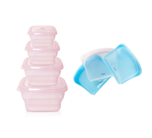 Set de recipientes y bolsas de silicona reutilizables apilables en rosa y azul para conservar alimentos